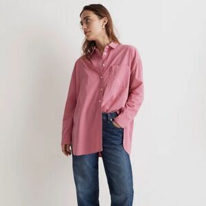 Madewell The Signature Poplin Oversized Shirt Button Front Pink Women Size M